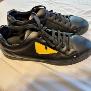 Fendi Men’s Black Leather Sneakers with Bug eyes Yellow S 10/44 (Made in Italy)